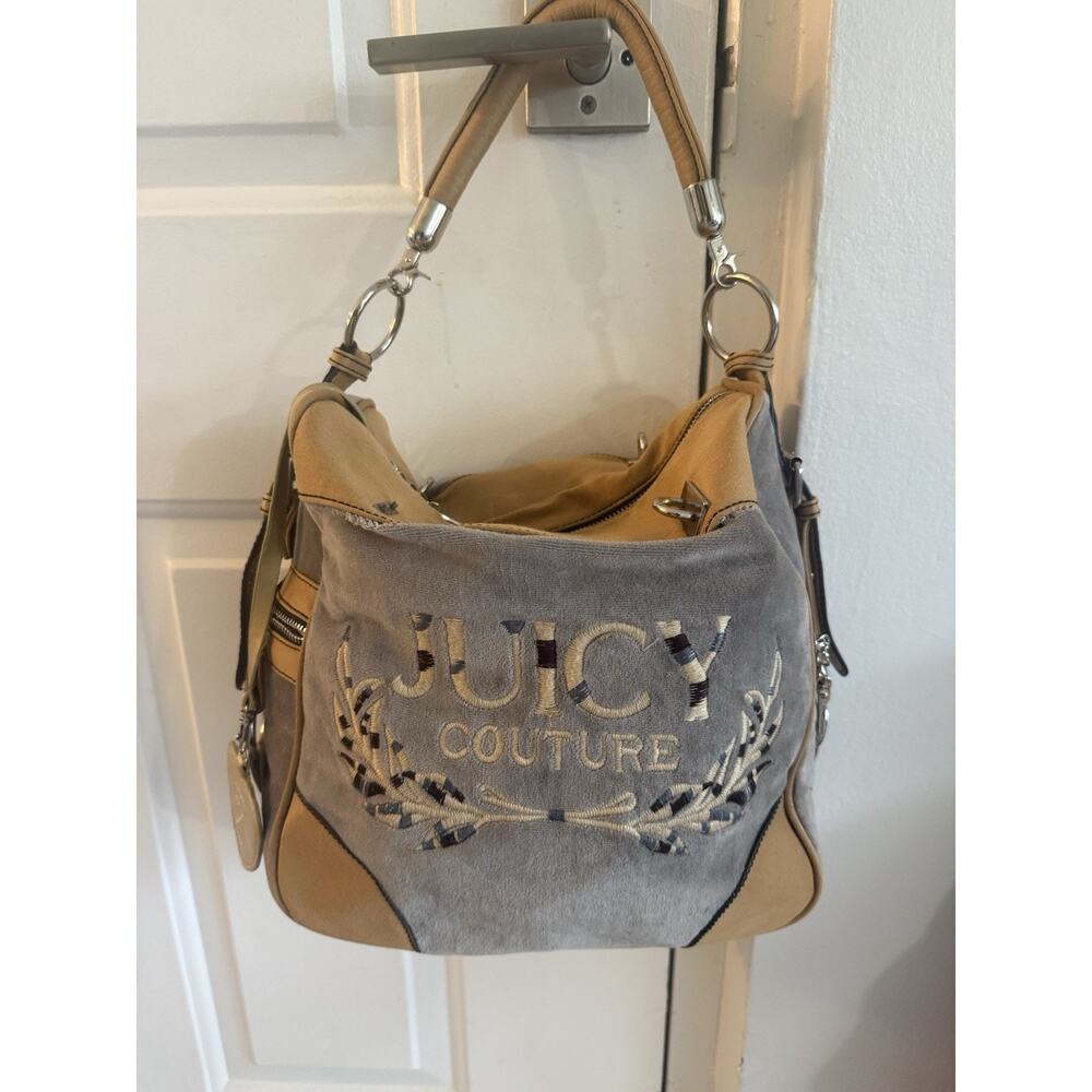 Juicy Couture Y2K Embroidered Shoulder Bag Gray Beige Pink Crown Lining Vintage